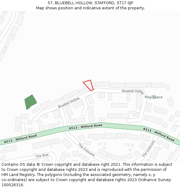 57, BLUEBELL HOLLOW, STAFFORD, ST17 0JP: Location map and indicative extent of plot