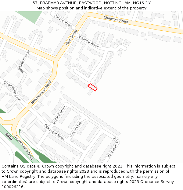 57, BRAEMAR AVENUE, EASTWOOD, NOTTINGHAM, NG16 3JY: Location map and indicative extent of plot