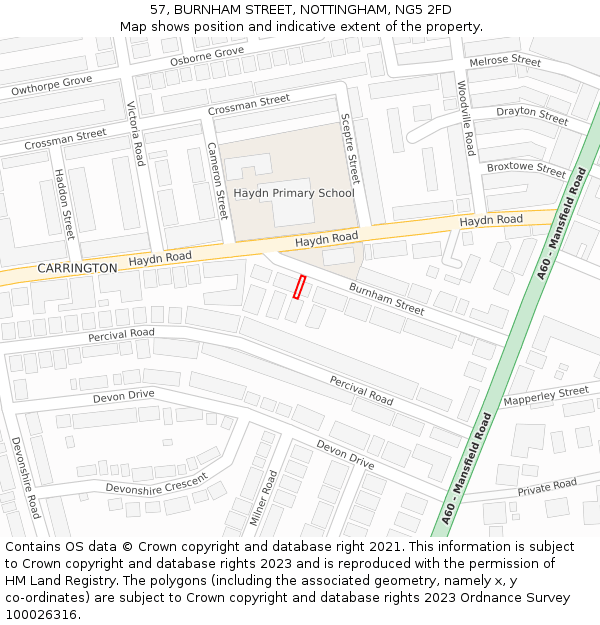 57, BURNHAM STREET, NOTTINGHAM, NG5 2FD: Location map and indicative extent of plot