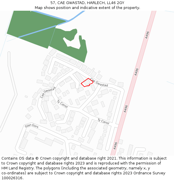 57, CAE GWASTAD, HARLECH, LL46 2GY: Location map and indicative extent of plot