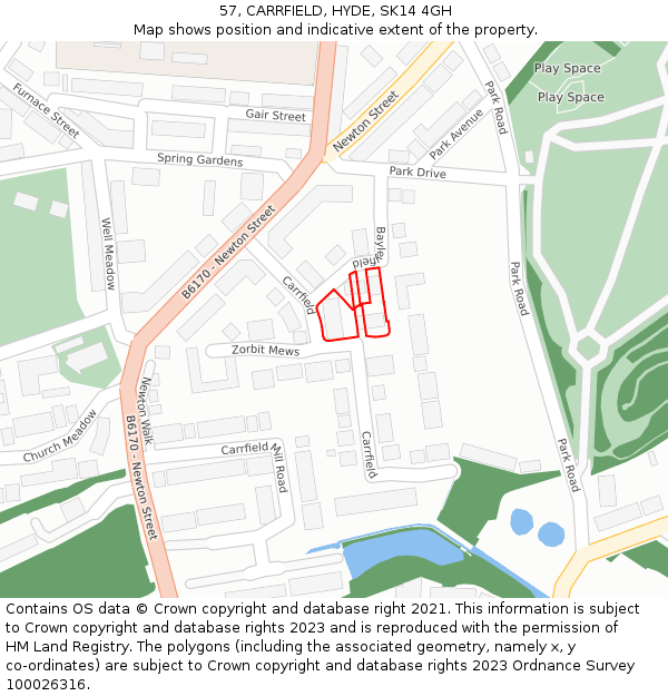 57, CARRFIELD, HYDE, SK14 4GH: Location map and indicative extent of plot