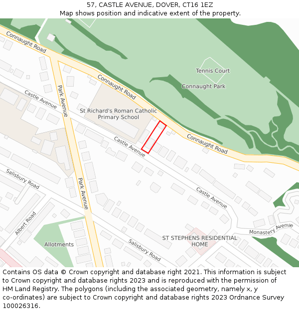 57, CASTLE AVENUE, DOVER, CT16 1EZ: Location map and indicative extent of plot
