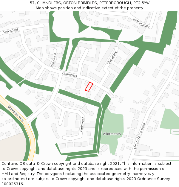 57, CHANDLERS, ORTON BRIMBLES, PETERBOROUGH, PE2 5YW: Location map and indicative extent of plot