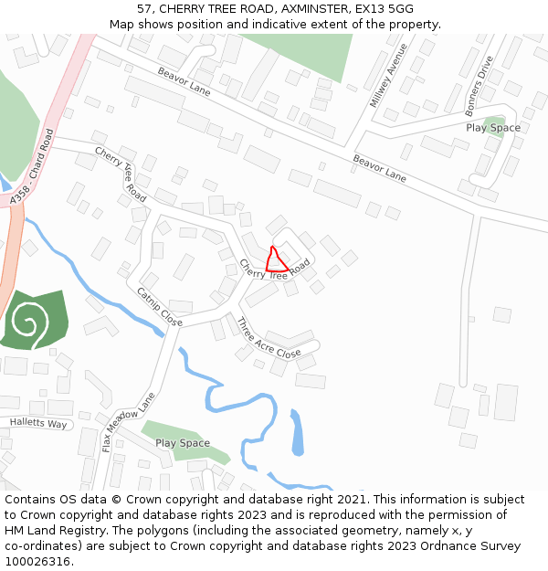 57, CHERRY TREE ROAD, AXMINSTER, EX13 5GG: Location map and indicative extent of plot