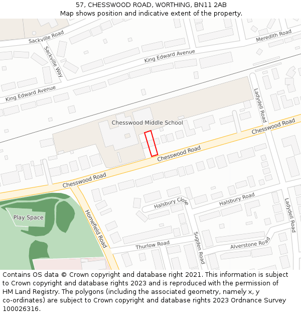 57, CHESSWOOD ROAD, WORTHING, BN11 2AB: Location map and indicative extent of plot