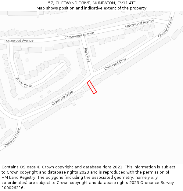 57, CHETWYND DRIVE, NUNEATON, CV11 4TF: Location map and indicative extent of plot