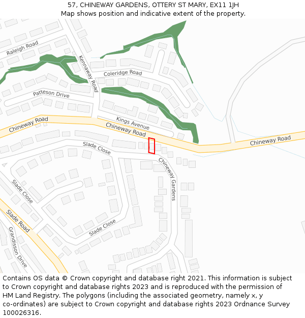 57, CHINEWAY GARDENS, OTTERY ST MARY, EX11 1JH: Location map and indicative extent of plot