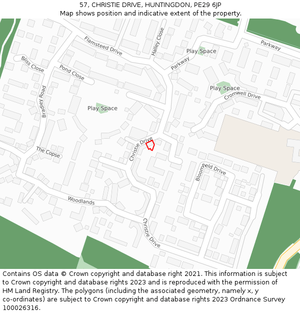 57, CHRISTIE DRIVE, HUNTINGDON, PE29 6JP: Location map and indicative extent of plot