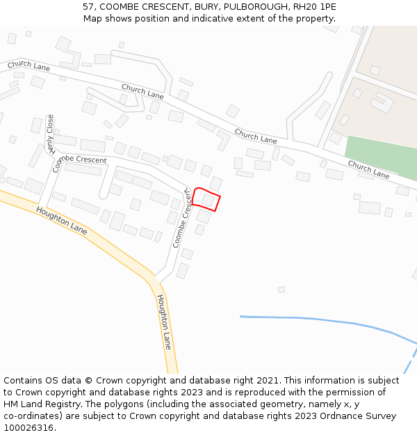 57, COOMBE CRESCENT, BURY, PULBOROUGH, RH20 1PE: Location map and indicative extent of plot