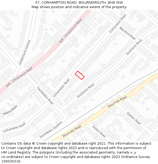 57, CORHAMPTON ROAD, BOURNEMOUTH, BH6 5NX: Location map and indicative extent of plot