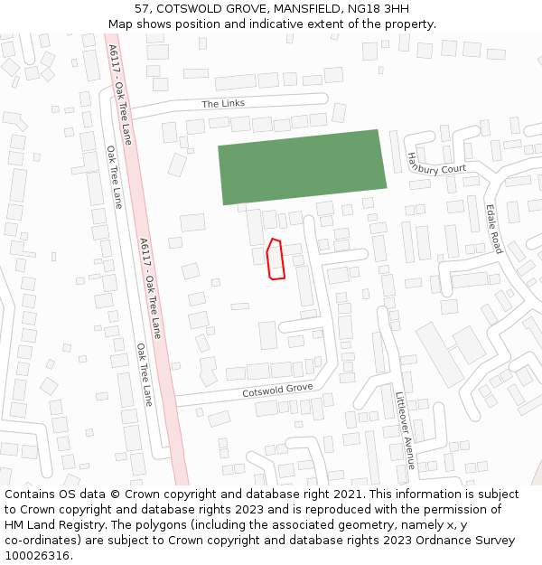 57, COTSWOLD GROVE, MANSFIELD, NG18 3HH: Location map and indicative extent of plot