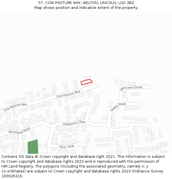57, COW PASTURE WAY, WELTON, LINCOLN, LN2 3BZ: Location map and indicative extent of plot