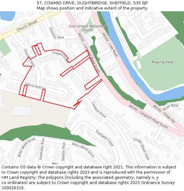 57, COWARD DRIVE, OUGHTIBRIDGE, SHEFFIELD, S35 0JP: Location map and indicative extent of plot