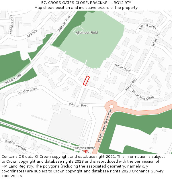 57, CROSS GATES CLOSE, BRACKNELL, RG12 9TY: Location map and indicative extent of plot
