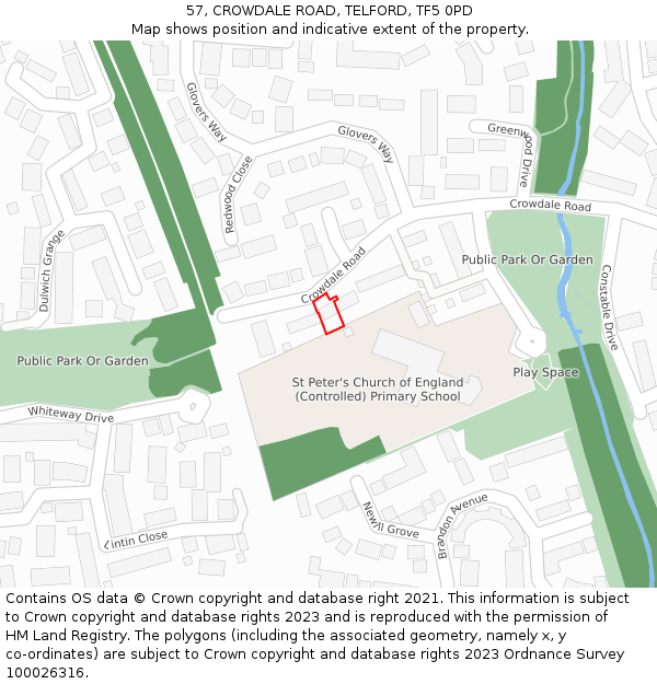 57, CROWDALE ROAD, TELFORD, TF5 0PD: Location map and indicative extent of plot