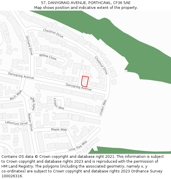 57, DANYGRAIG AVENUE, PORTHCAWL, CF36 5AE: Location map and indicative extent of plot