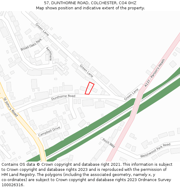 57, DUNTHORNE ROAD, COLCHESTER, CO4 0HZ: Location map and indicative extent of plot