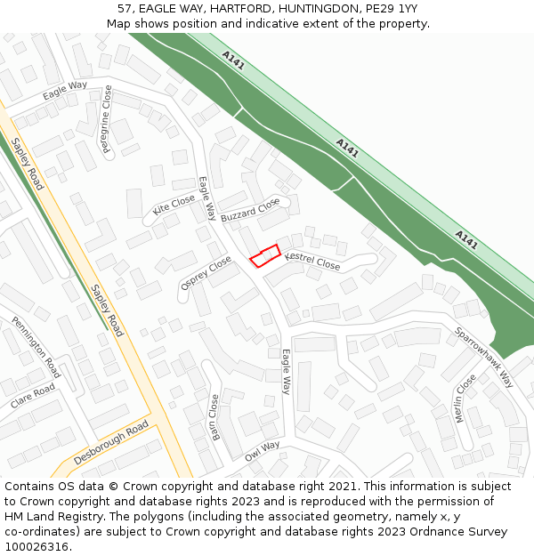 57, EAGLE WAY, HARTFORD, HUNTINGDON, PE29 1YY: Location map and indicative extent of plot