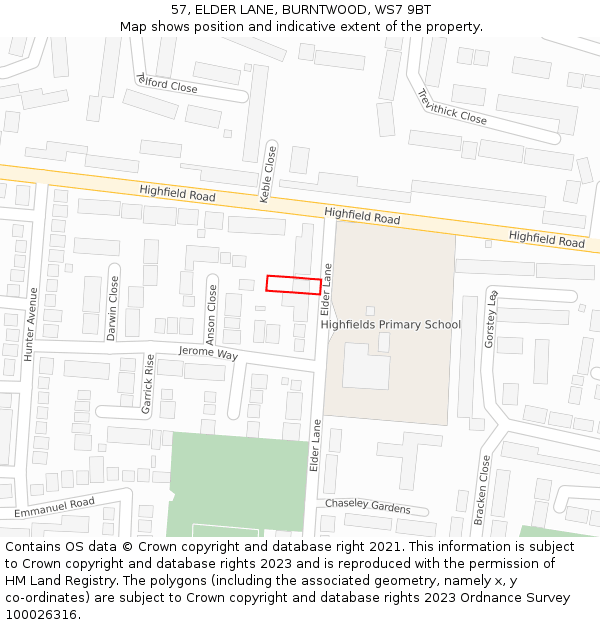 57, ELDER LANE, BURNTWOOD, WS7 9BT: Location map and indicative extent of plot
