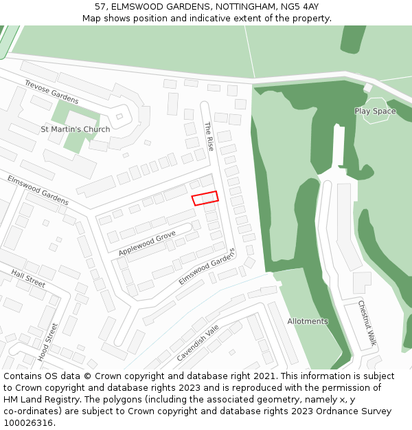57, ELMSWOOD GARDENS, NOTTINGHAM, NG5 4AY: Location map and indicative extent of plot