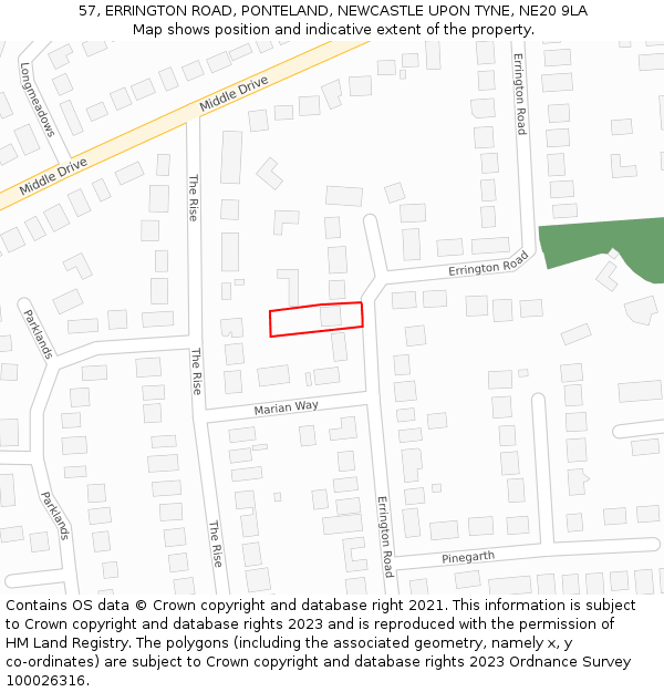 57, ERRINGTON ROAD, PONTELAND, NEWCASTLE UPON TYNE, NE20 9LA: Location map and indicative extent of plot