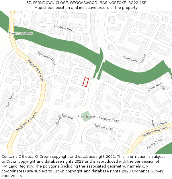 57, FERNDOWN CLOSE, BEGGARWOOD, BASINGSTOKE, RG22 4SE: Location map and indicative extent of plot