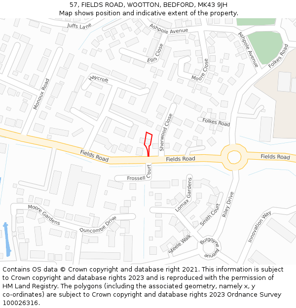 57, FIELDS ROAD, WOOTTON, BEDFORD, MK43 9JH: Location map and indicative extent of plot
