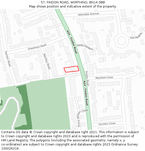 57, FINDON ROAD, WORTHING, BN14 0BB: Location map and indicative extent of plot