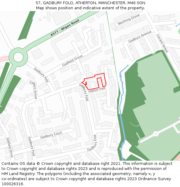 57, GADBURY FOLD, ATHERTON, MANCHESTER, M46 0GN: Location map and indicative extent of plot
