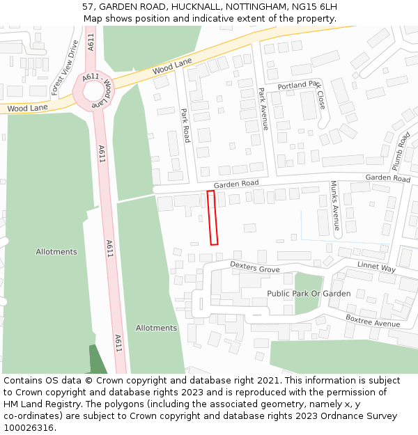 57, GARDEN ROAD, HUCKNALL, NOTTINGHAM, NG15 6LH: Location map and indicative extent of plot