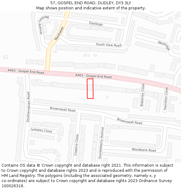 57, GOSPEL END ROAD, DUDLEY, DY3 3LY: Location map and indicative extent of plot