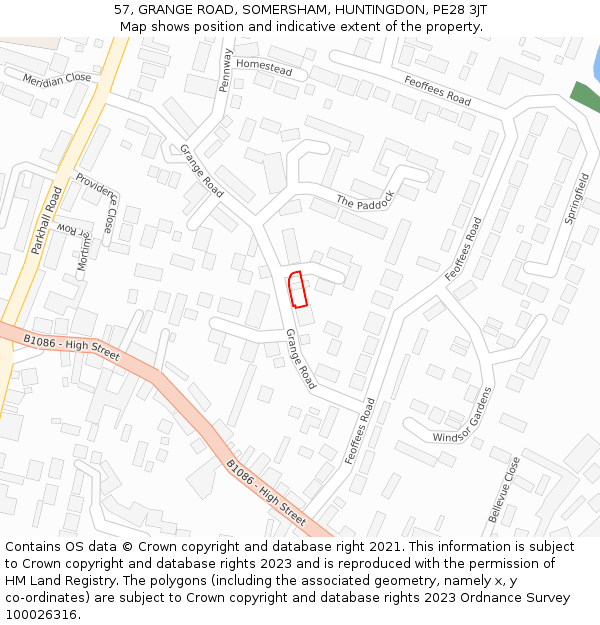 57, GRANGE ROAD, SOMERSHAM, HUNTINGDON, PE28 3JT: Location map and indicative extent of plot