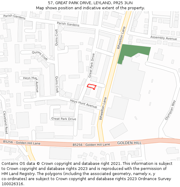 57, GREAT PARK DRIVE, LEYLAND, PR25 3UN: Location map and indicative extent of plot