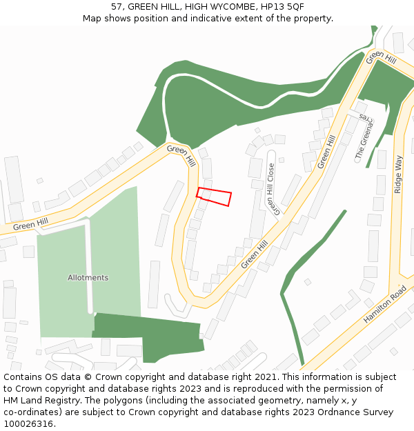 57, GREEN HILL, HIGH WYCOMBE, HP13 5QF: Location map and indicative extent of plot