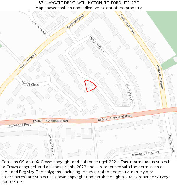 57, HAYGATE DRIVE, WELLINGTON, TELFORD, TF1 2BZ: Location map and indicative extent of plot
