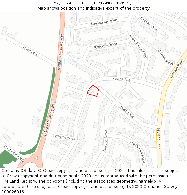 57, HEATHERLEIGH, LEYLAND, PR26 7QF: Location map and indicative extent of plot