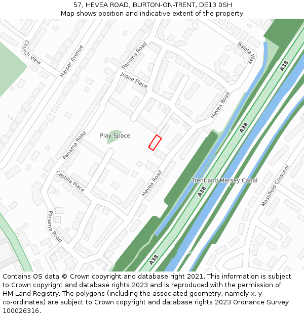 57, HEVEA ROAD, BURTON-ON-TRENT, DE13 0SH: Location map and indicative extent of plot