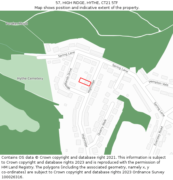 57, HIGH RIDGE, HYTHE, CT21 5TF: Location map and indicative extent of plot
