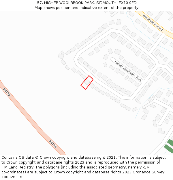 57, HIGHER WOOLBROOK PARK, SIDMOUTH, EX10 9ED: Location map and indicative extent of plot