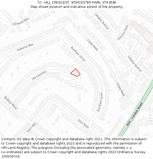 57, HILL CRESCENT, WORCESTER PARK, KT4 8NB: Location map and indicative extent of plot