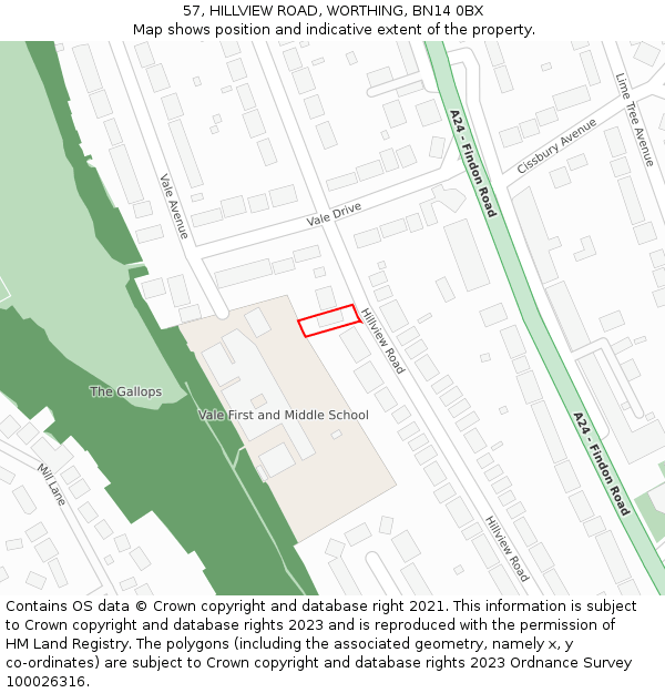 57, HILLVIEW ROAD, WORTHING, BN14 0BX: Location map and indicative extent of plot