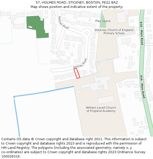 57, HOLMES ROAD, STICKNEY, BOSTON, PE22 8AZ: Location map and indicative extent of plot