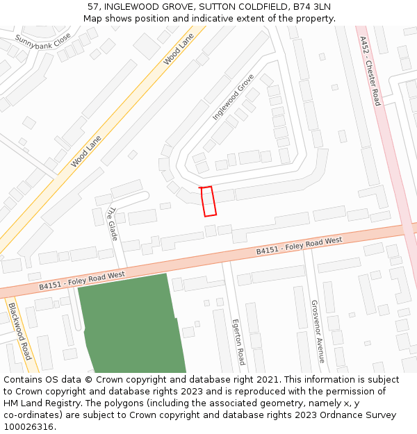 57, INGLEWOOD GROVE, SUTTON COLDFIELD, B74 3LN: Location map and indicative extent of plot
