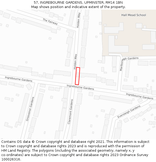 57, INGREBOURNE GARDENS, UPMINSTER, RM14 1BN: Location map and indicative extent of plot