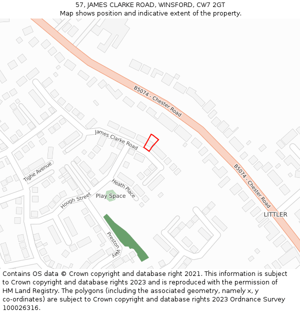 57, JAMES CLARKE ROAD, WINSFORD, CW7 2GT: Location map and indicative extent of plot
