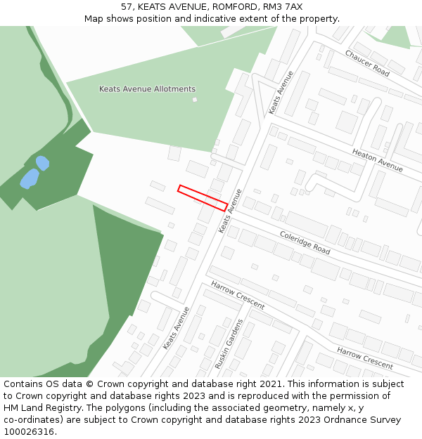 57, KEATS AVENUE, ROMFORD, RM3 7AX: Location map and indicative extent of plot