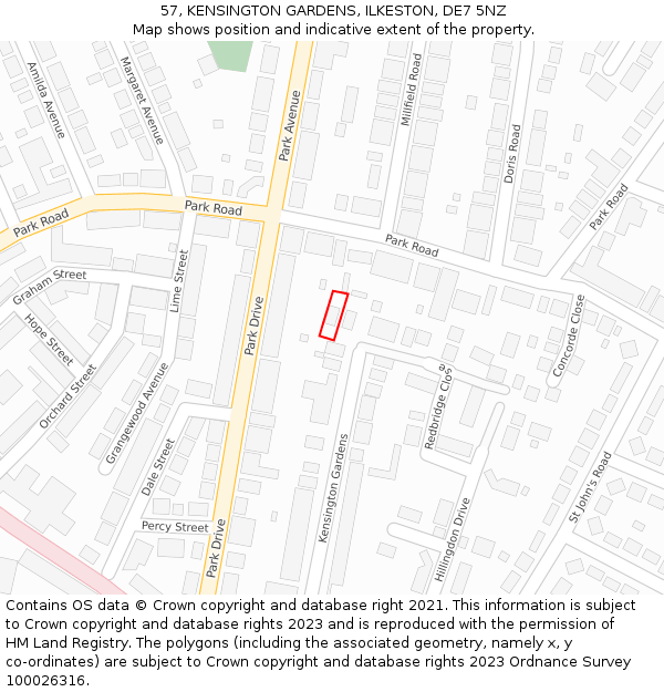 57, KENSINGTON GARDENS, ILKESTON, DE7 5NZ: Location map and indicative extent of plot