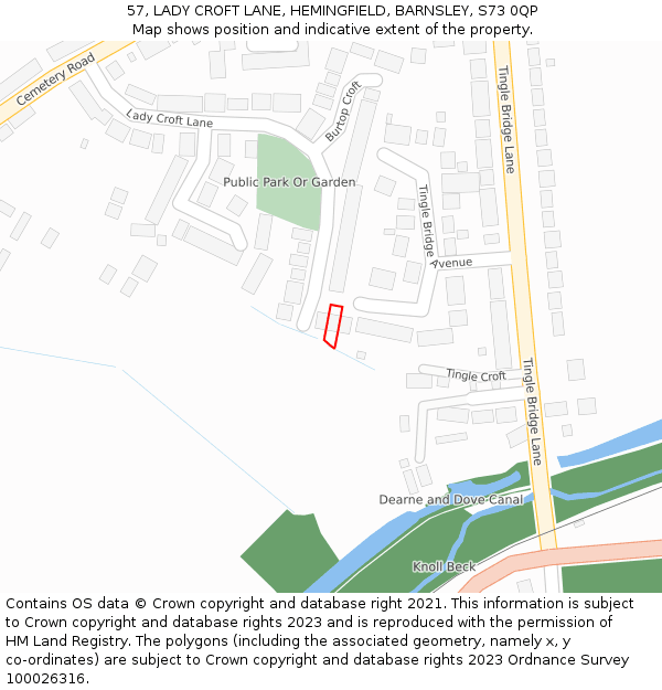 57, LADY CROFT LANE, HEMINGFIELD, BARNSLEY, S73 0QP: Location map and indicative extent of plot