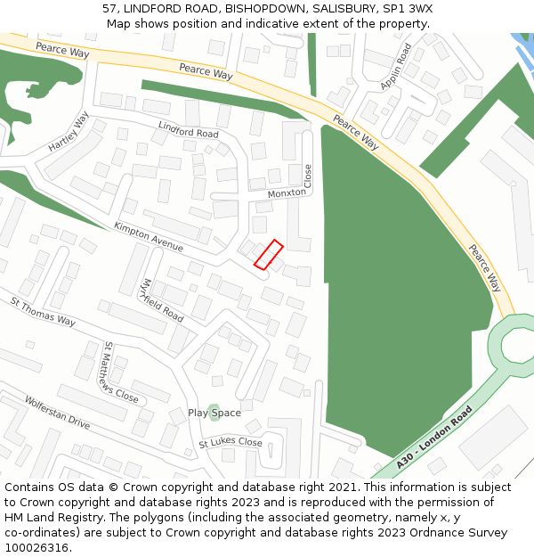 57, LINDFORD ROAD, BISHOPDOWN, SALISBURY, SP1 3WX: Location map and indicative extent of plot
