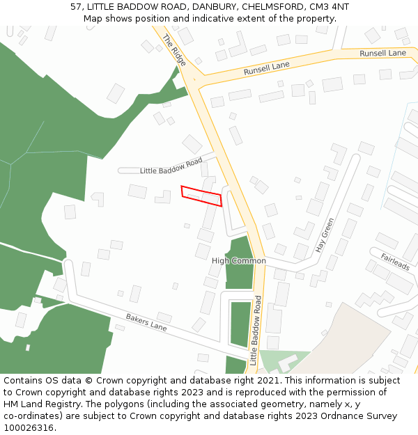 57, LITTLE BADDOW ROAD, DANBURY, CHELMSFORD, CM3 4NT: Location map and indicative extent of plot